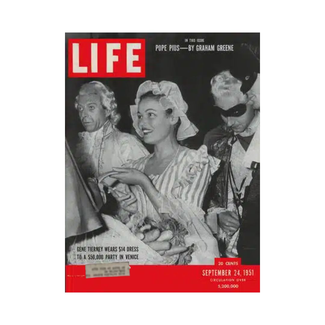 Cover of VTG Life Magazine from September 24, 1951 featuring Gene Tierney at a glamorous party, showcasing the fashion and culture of the 1950s.