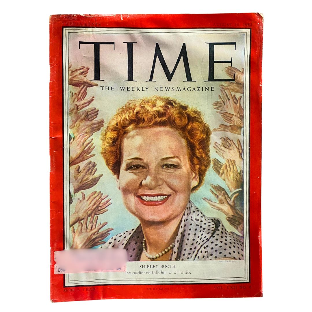 Cover of VTG Time Magazine August 10, 1953 Vol 62 No. 6 featuring actress Shirley Booth, showcasing her portrait with hands clapping in the background.