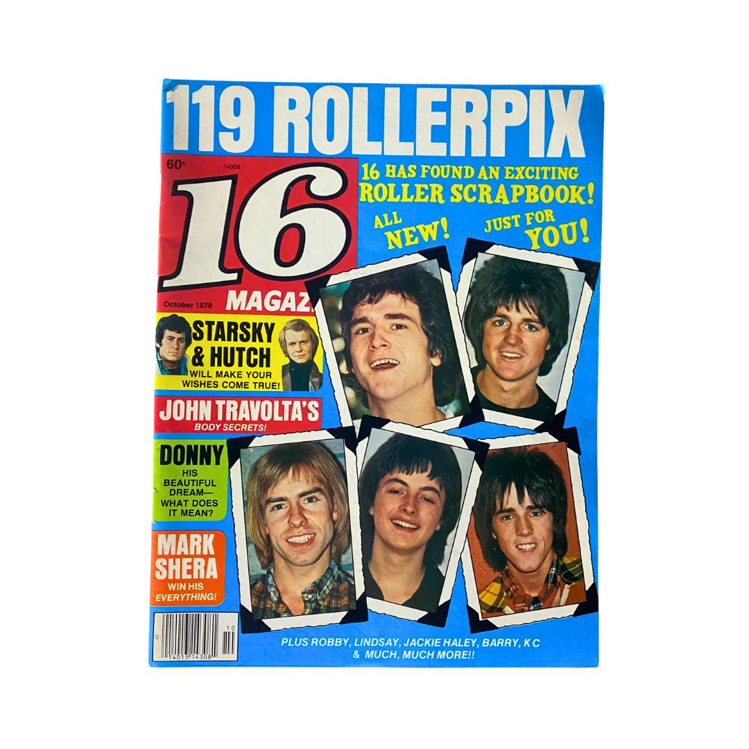 Cover of VTG 16 Magazine from October 1976 featuring prominent stars including John Travolta and Mark Shera, with a vibrant layout and a tagline about exciting content.