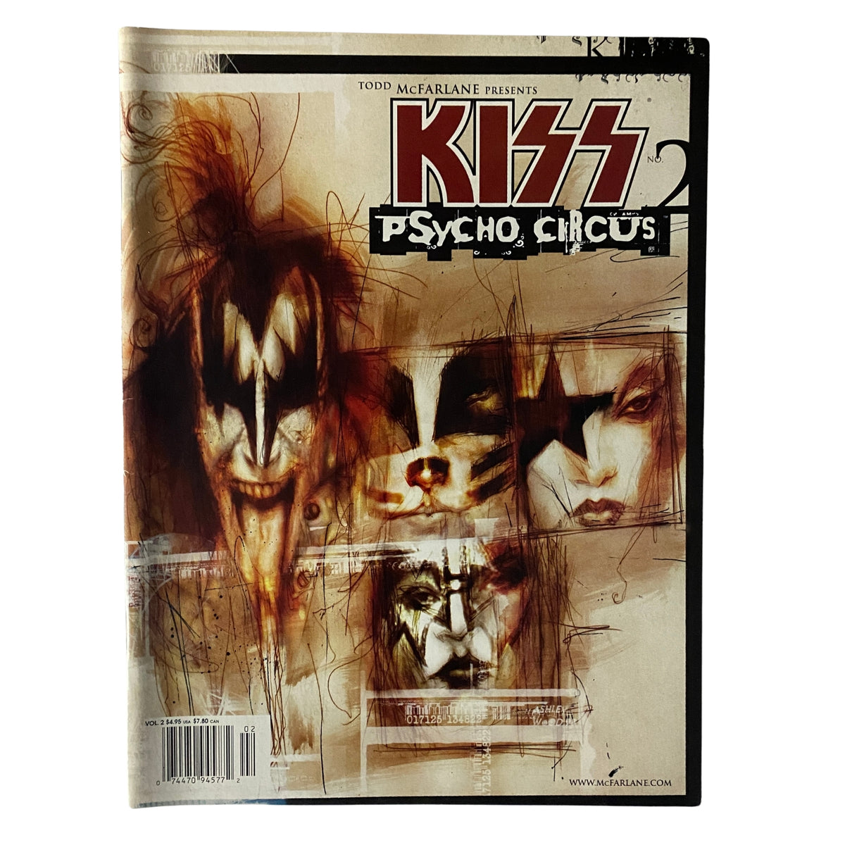 Cover of the 1999 publication 'Todd McFarlane Presents Vol 2 Kiss Psycho Circus', showcasing artistic illustrations of the band KISS, featuring vivid and expressive designs that highlight the iconic rock group's theatrical style.