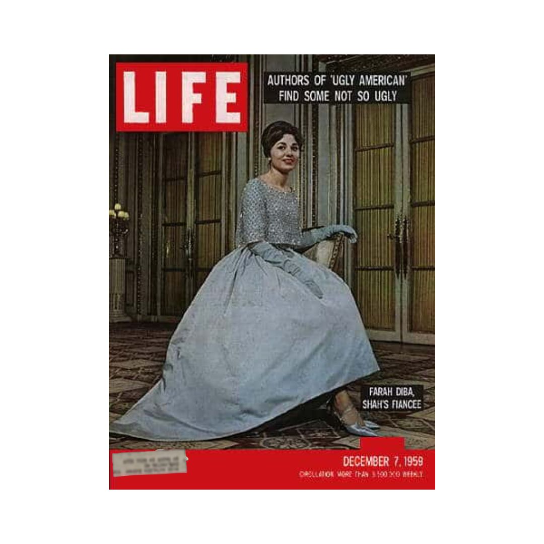 Vintage Life Magazine cover from December 7, 1959 featuring Farah Diba, the fiancée of the Shah, showcasing a glamorous portrait in an elegant gown, with a backdrop of opulent architecture.