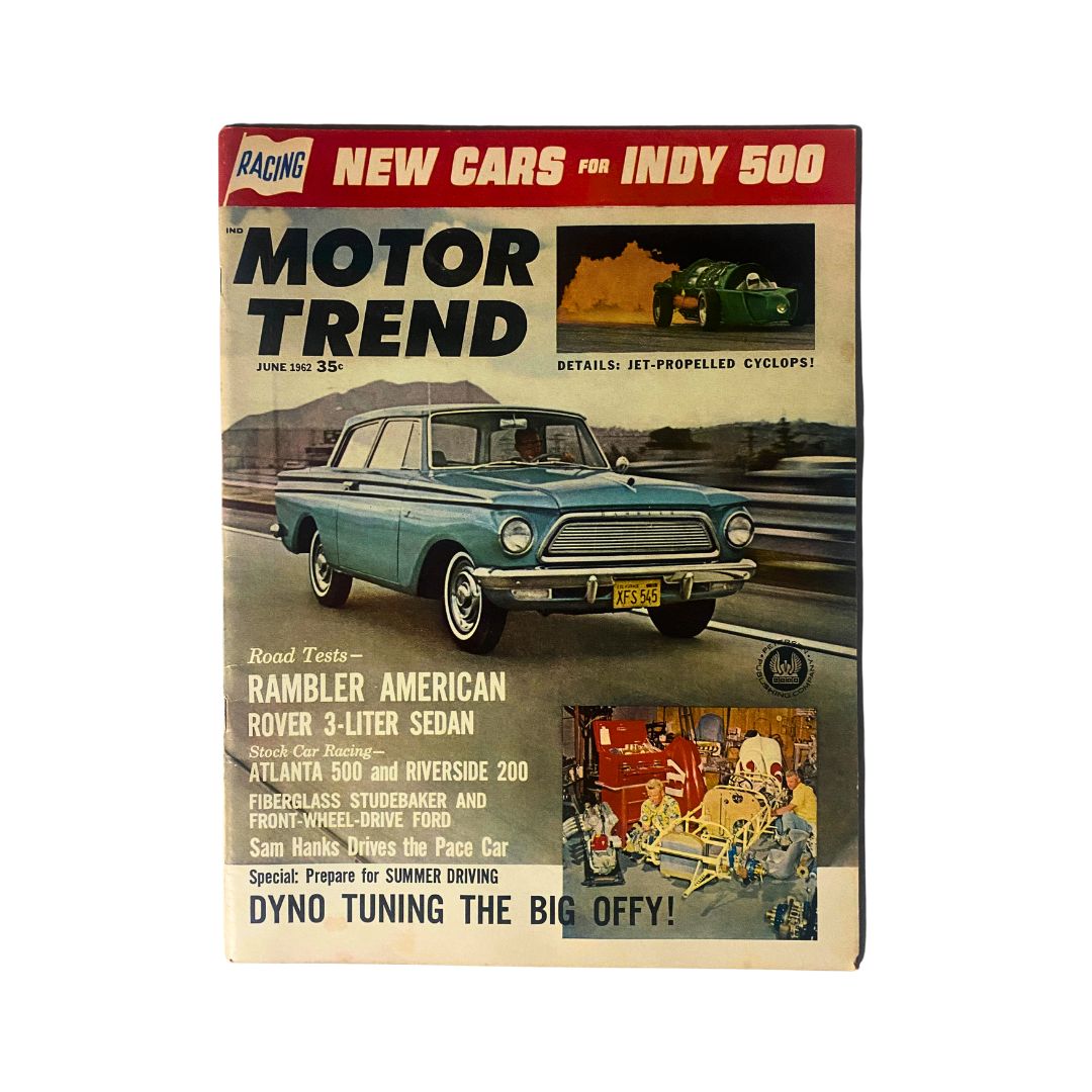 Cover of Motor Trend Magazine June 1962 featuring Jet-Propelled Cyclops and Rambler American car, showcasing automotive innovations and vintage design.