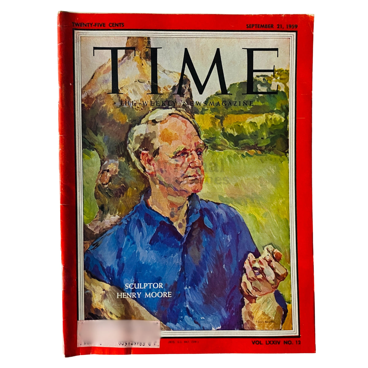Time Magazine September 21 1959 Vol 74 No. 12 featuring a portrait of sculptor Henry Moore on the cover, showcasing his influence in modern art.
