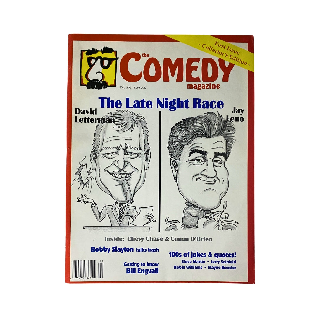 Cover of The Comedy Magazine December 1993 featuring caricatures of David Letterman and Jay Leno, titled 'The Late Night Race'. Highlights include articles on Bobby Slayton, Chevy Chase, and Conan O'Brien.