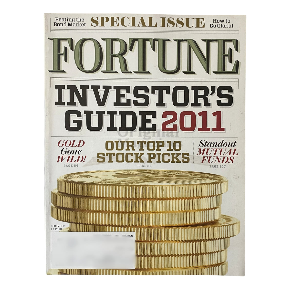 Cover of Fortune Magazine from December 27, 2010, featuring the title 'Investor's Guide 2011' and highlighting our top 10 stock picks with a visual of stacked coins.