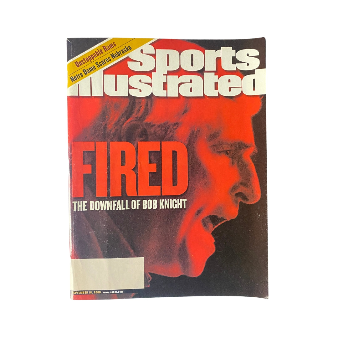 Sports Illustrated September 18, 2000 featuring Bob Knight on the cover, titled 'FIRED: The Downfall of Bob Knight', showcasing intense visuals and vintage magazine appeal.