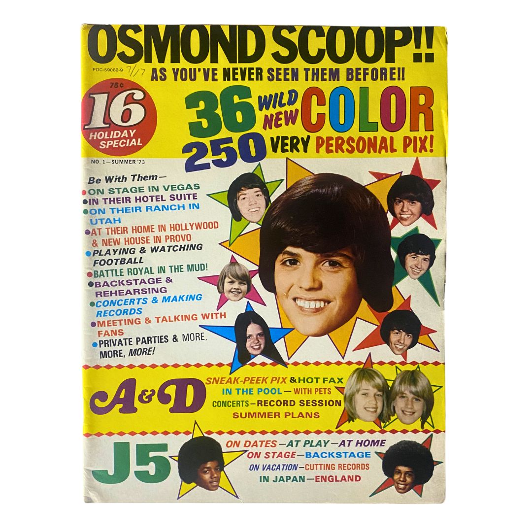 Cover of VTG 16 Magazine Summer 1973 Vol 1 No. 1 featuring the Jackson 5, showcasing bold colors and graphics with highlights of pop culture, including a poster of the group.