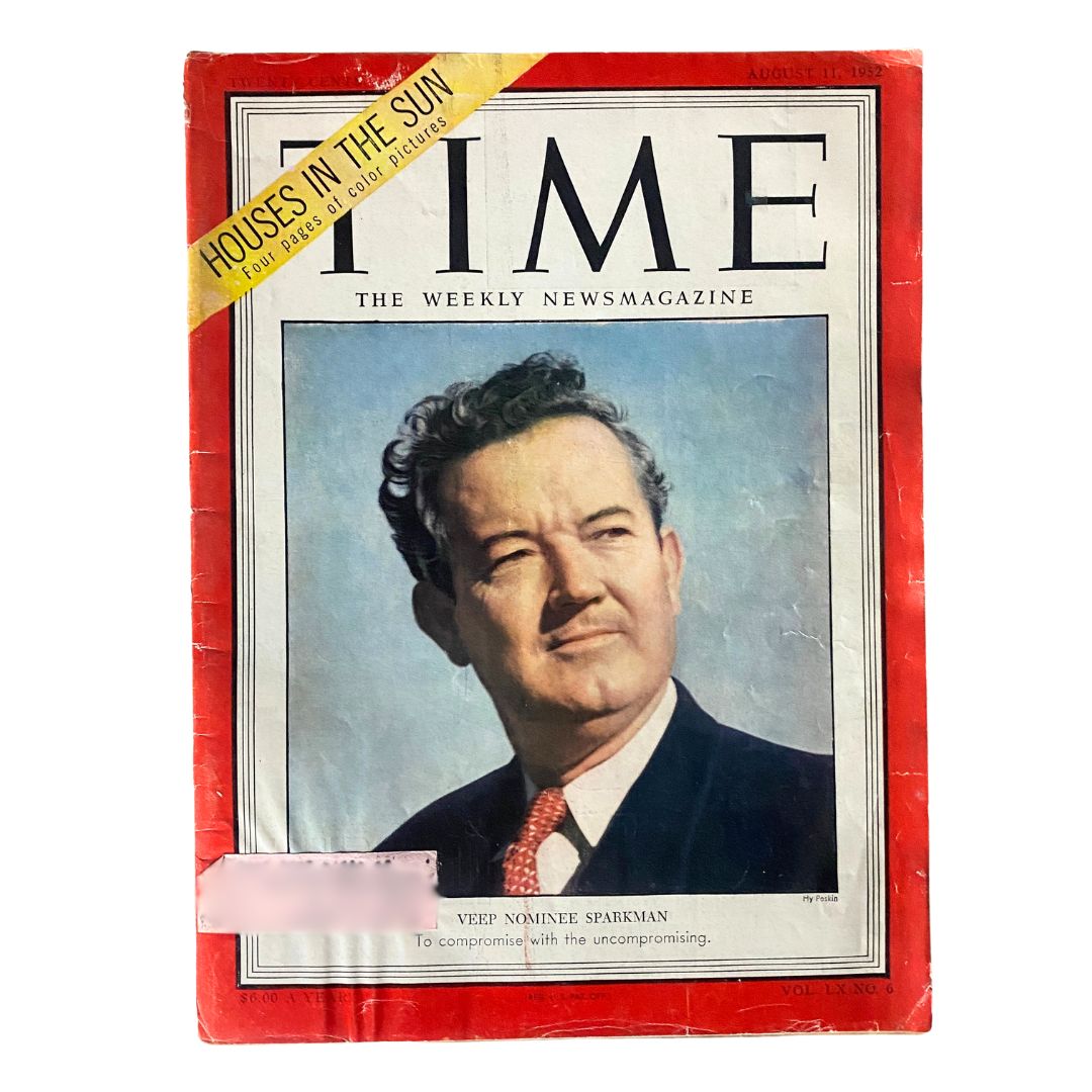 VTG Time Magazine August 11, 1952 Vol 60 No. 6 featuring John Sparkman on the cover, highlighting his role as a prominent political figure in American history.