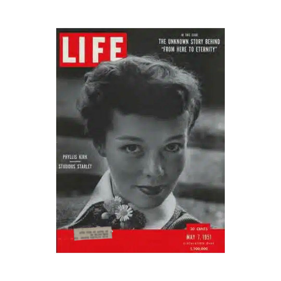 Vintage Life Magazine cover from May 7, 1951 featuring Phyllis Kirk, an American actress, showcasing her on the front with classic 1950s design elements.