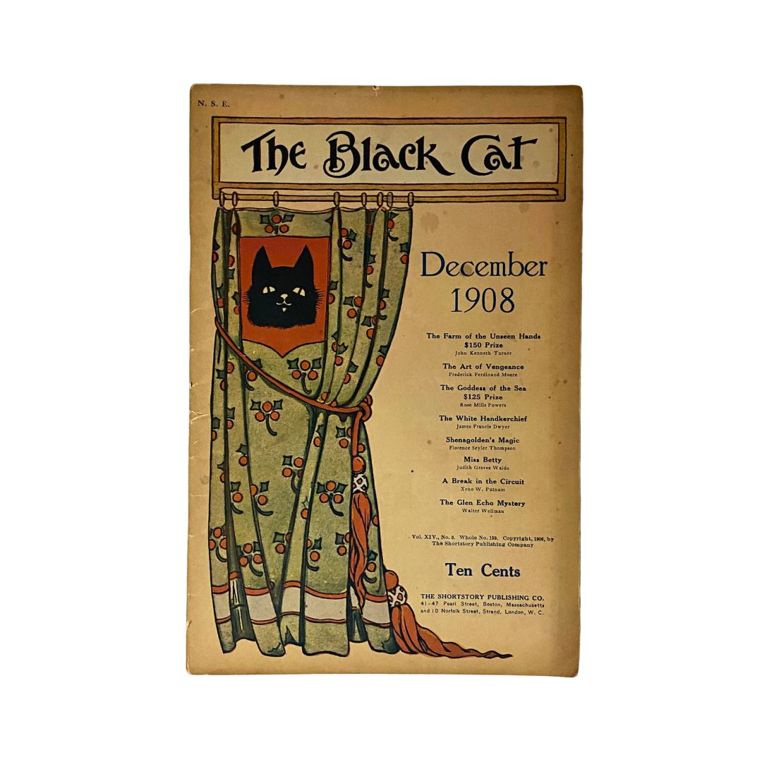 Cover of VTG The Black Cat Magazine from December 1908 depicting a black cat behind curtains with an artistic design, showcasing the title and features such as 'The Art of Vengeance'.