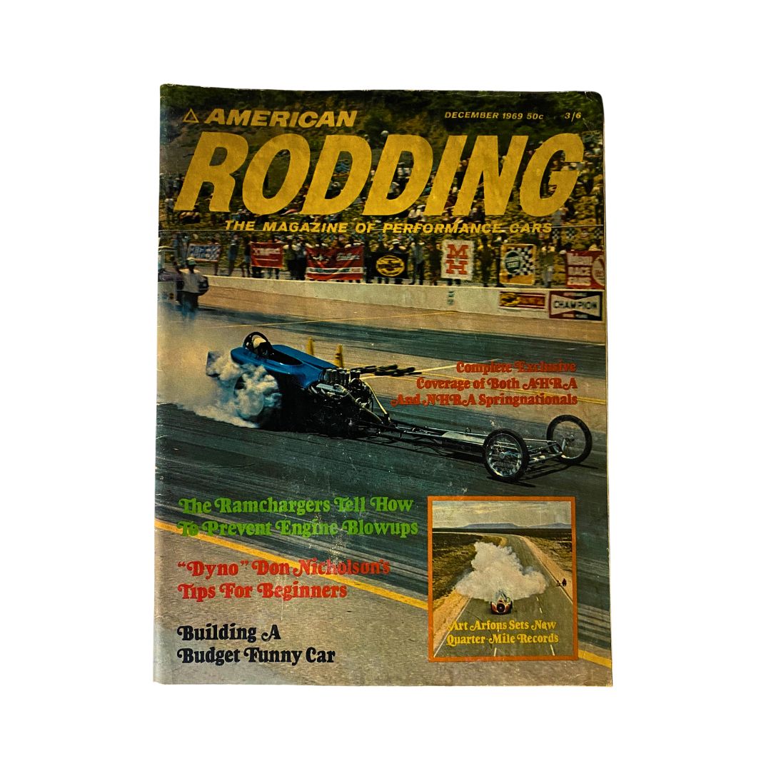 Cover of the VTG American Rodding Magazine, December 1969, featuring a Blue Competition Roadster and showcasing performance cars, with articles on engine blowups and building a budget funny car.