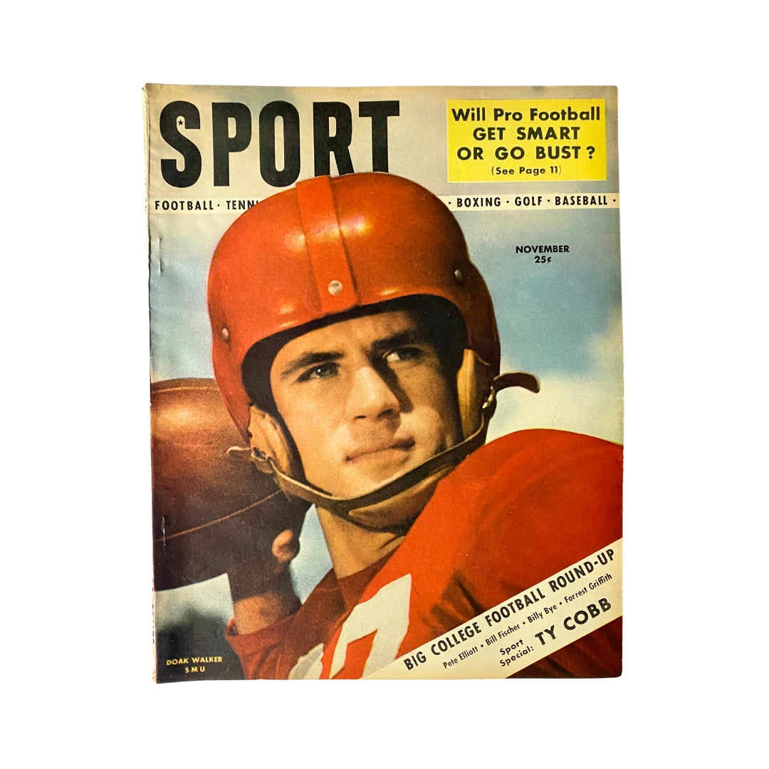 Cover of Sport Magazine November 1948 featuring Doak Walker with a bold headline and vintage design, showcasing the SMU Mustangs star.