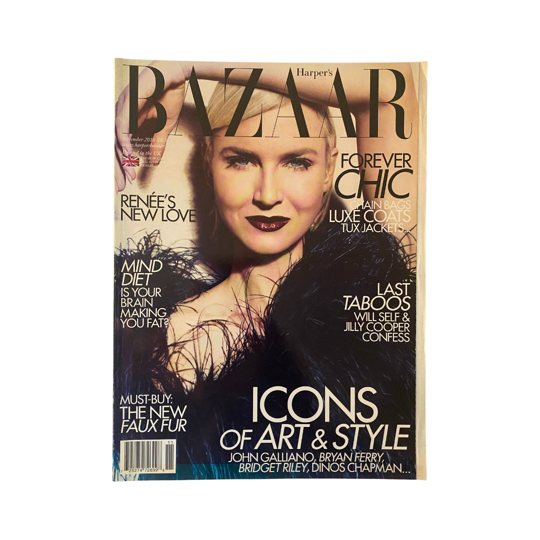 Harper's Bazaar UK Magazine November 2010 featuring Renée Zellweger on the cover, showcasing a glamorous portrait with dramatic styling.