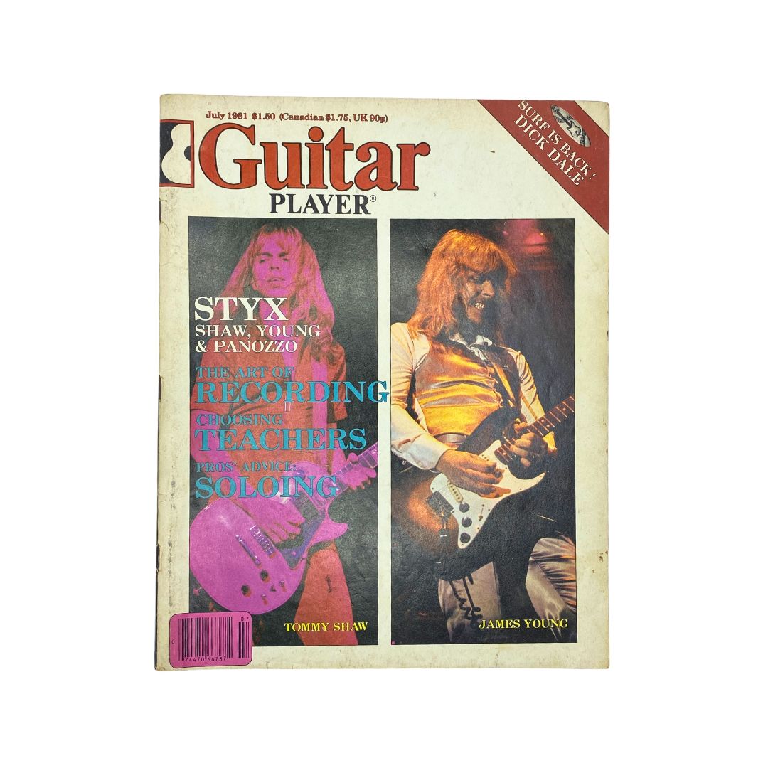 Cover of the Vintage Guitar Player Magazine from July 1981 featuring Styx with Tommy Shaw and James Young, highlighting the band's peak era in rock music.