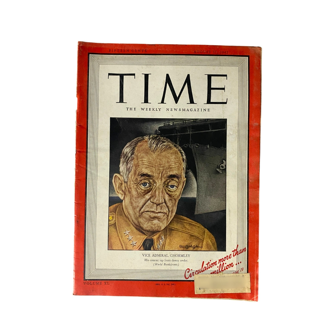 Vintage Time Magazine cover from August 17, 1942 featuring Vice Admiral Robert L. Ghormley, showcasing military themes and historical significance of World War II.