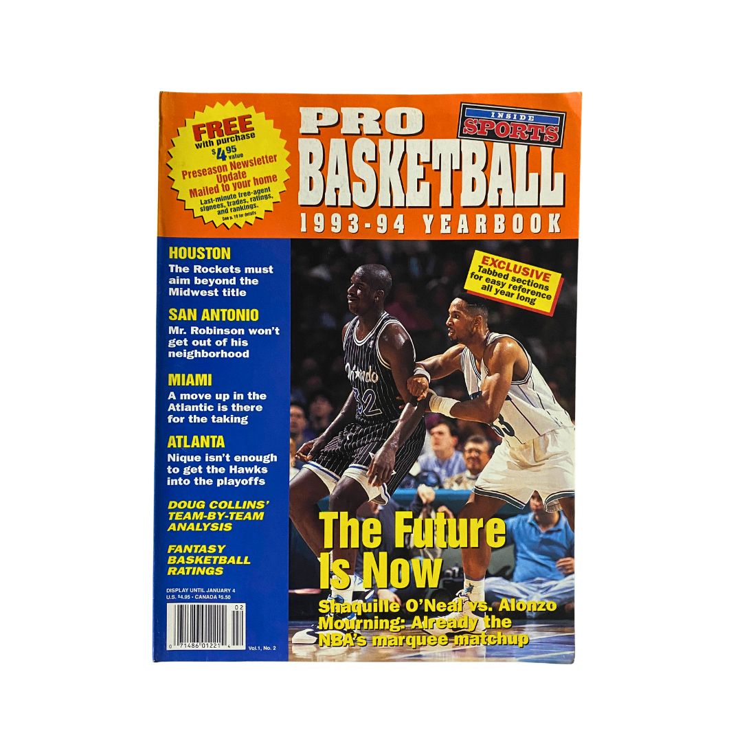 Cover of Inside Sports Pro Basketball 1993-1994 Yearbook featuring highlights of the NBA season, including players like Shaquille O'Neal and Alonzo Mourning, with bold graphics and headlines.