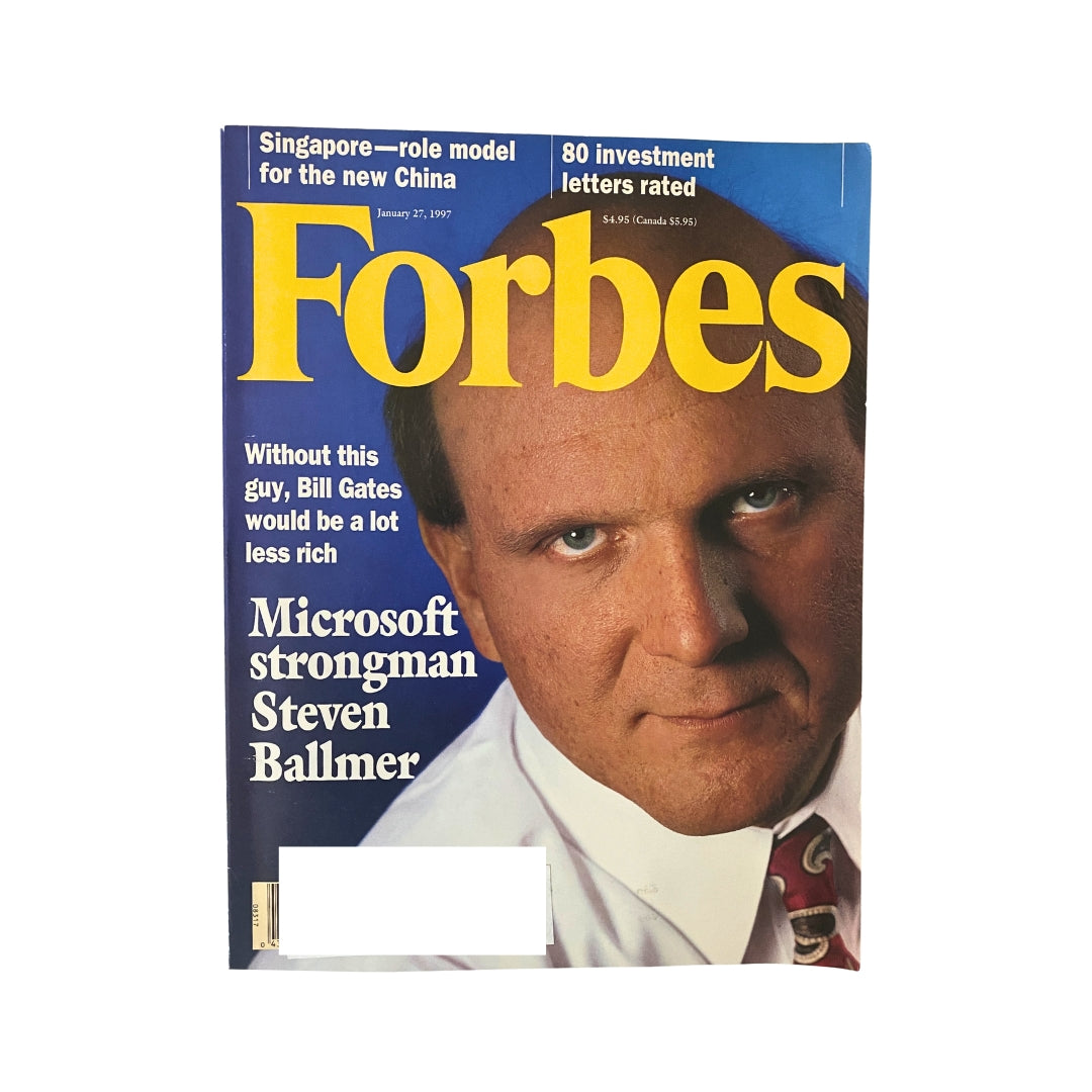 Forbes Magazine cover from January 27, 1997 featuring Steve Ballmer of Microsoft with the headline 'Without this guy, Bill Gates would be a lot less rich. Microsoft strongman Steven Ballmer.' The cover showcases a close-up of Ballmer and includes the magazine title prominently in yellow.