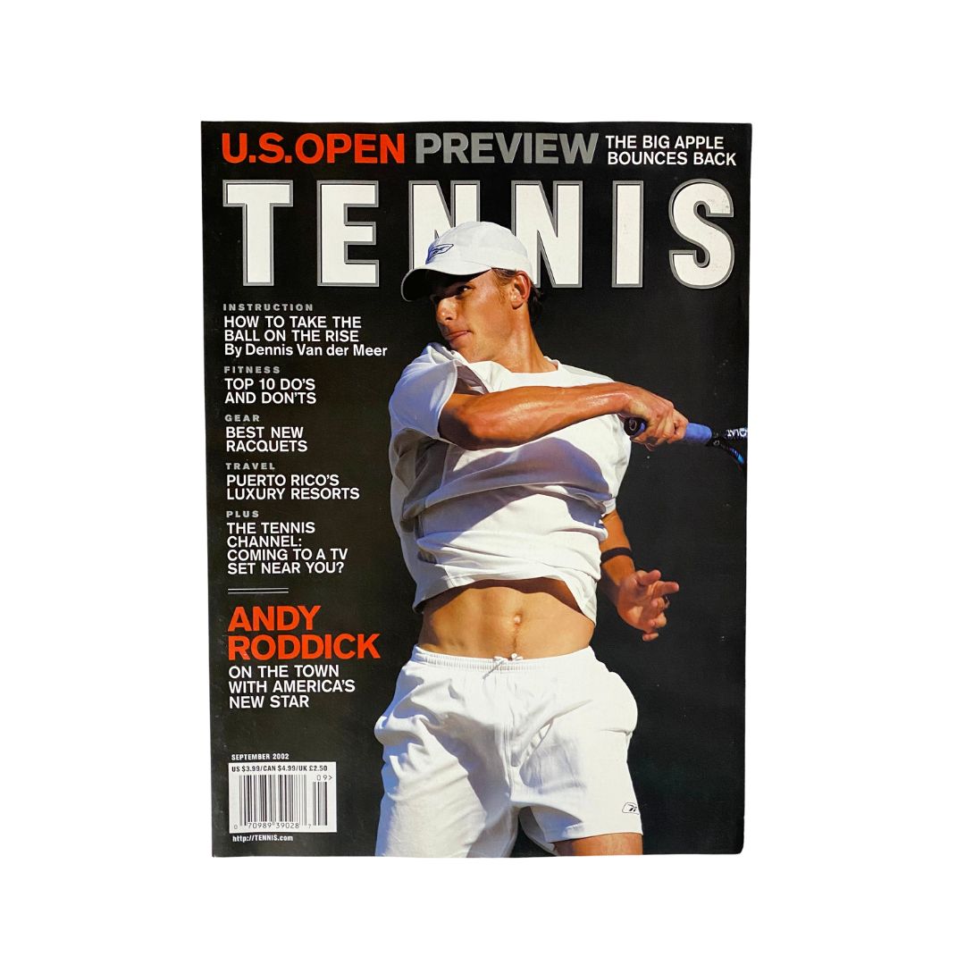 Tennis Magazine September 2002 featuring Andy Roddick on the cover, showcasing his powerful swing and U.S. Open preview.