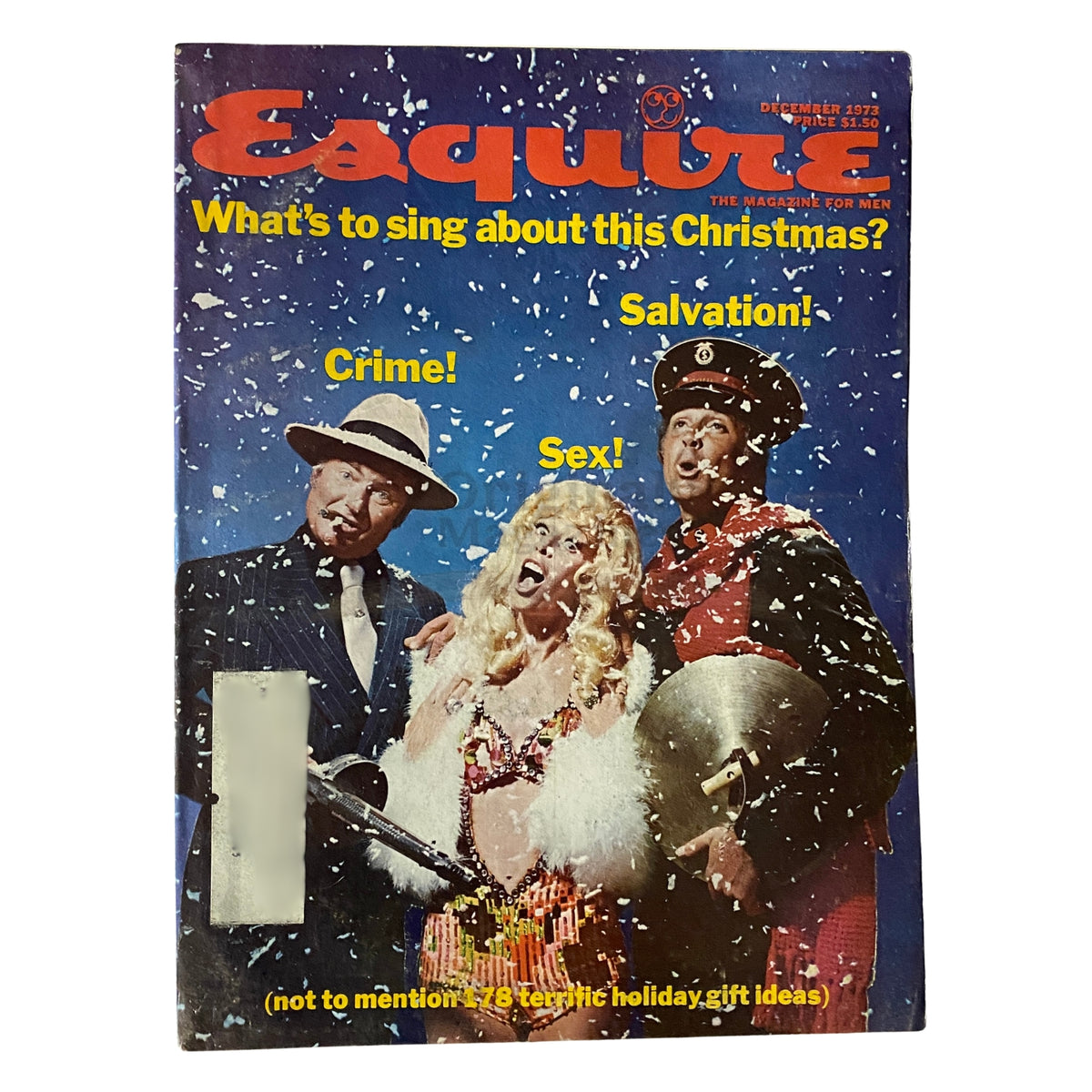 Cover of Esquire Magazine December 1973 titled 'What's To Sing About This Christmas?' featuring three characters in festive attire with snowflakes falling around them, alongside bold headings: 'Crime!', 'Sex!', and 'Salvation!'. This vintage magazine captures the eclectic spirit of the 1970s.