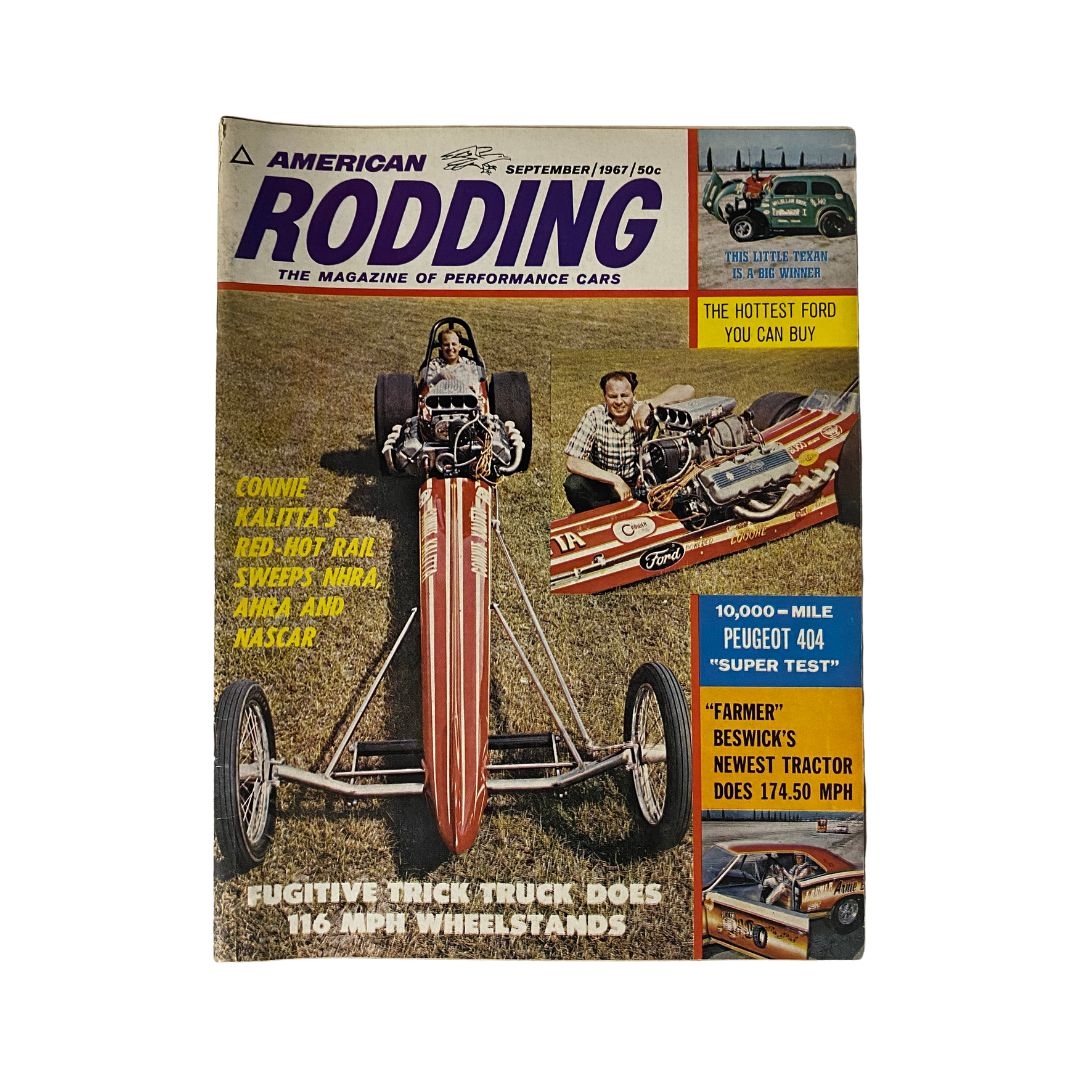 Cover of VTG American Rodding Magazine from September 1967, featuring Connie Kalitta's racing vehicle, showcasing the excitement of 1960s NASCAR and automotive culture.