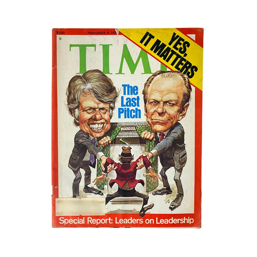 Cover of VTG Time Magazine November 8, 1976 featuring caricatures of presidential candidates Jimmy Carter and Gerald Ford engaging in a tug-of-war, illustrating the competitive nature of the election.