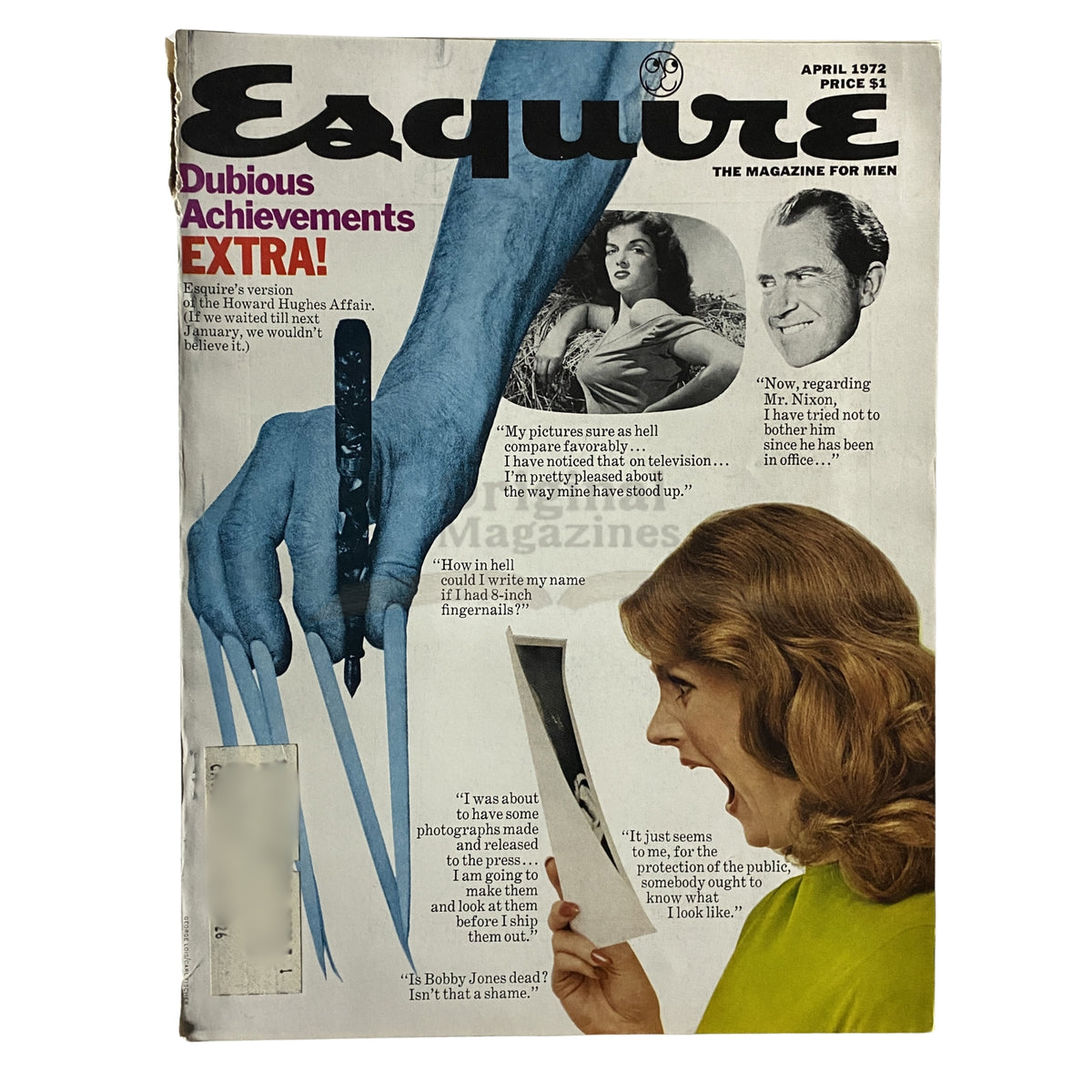 Esquire Magazine April 1972 cover featuring Richard Nixon and the headline 'Dubious Achievements,' illustrating political commentary with vintage imagery.