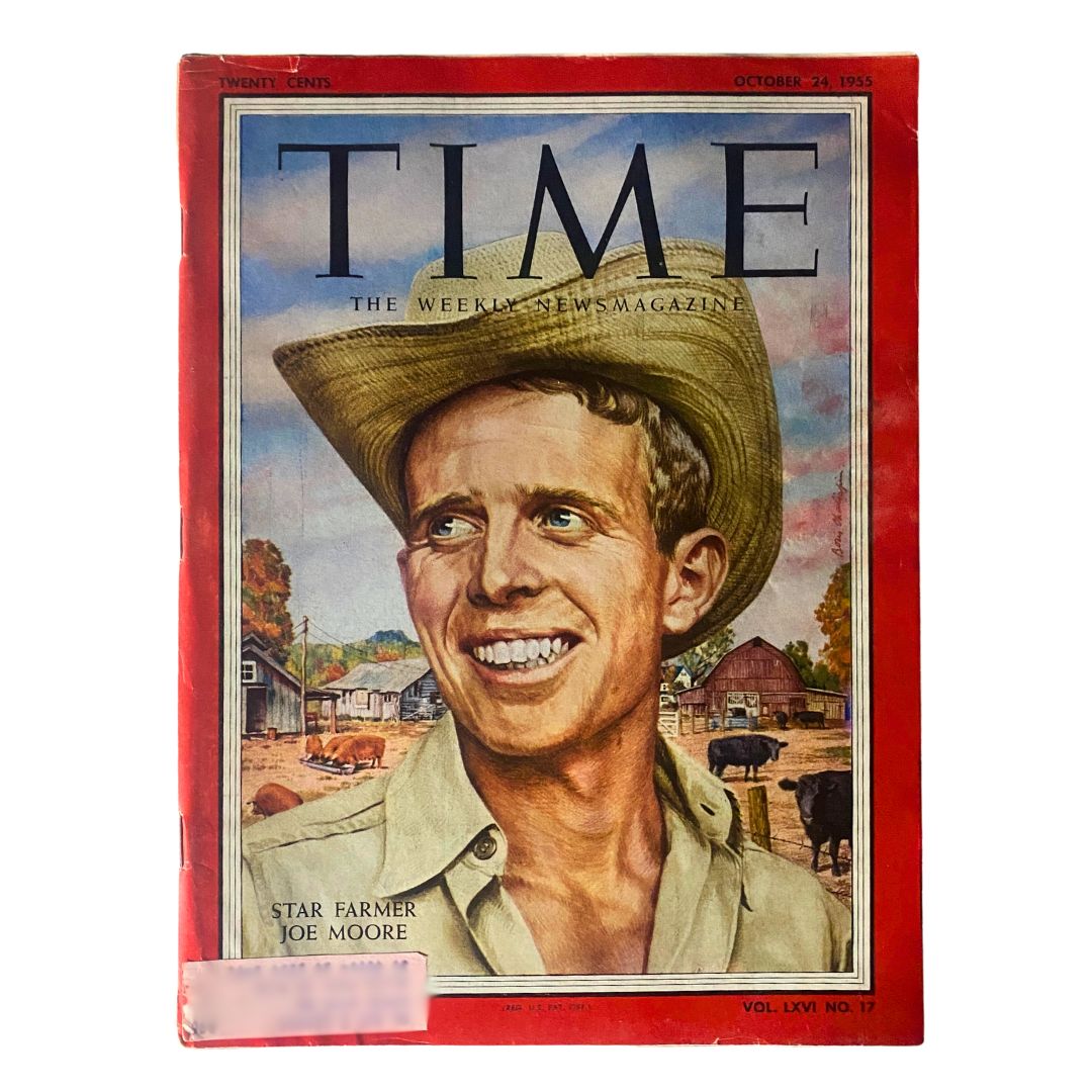 VTG Time Magazine October 24, 1955 Vol 66 No. 17 featuring Star Farmer Joe Moore on the cover, showcasing a smiling young man in a cowboy hat against a rural backdrop.