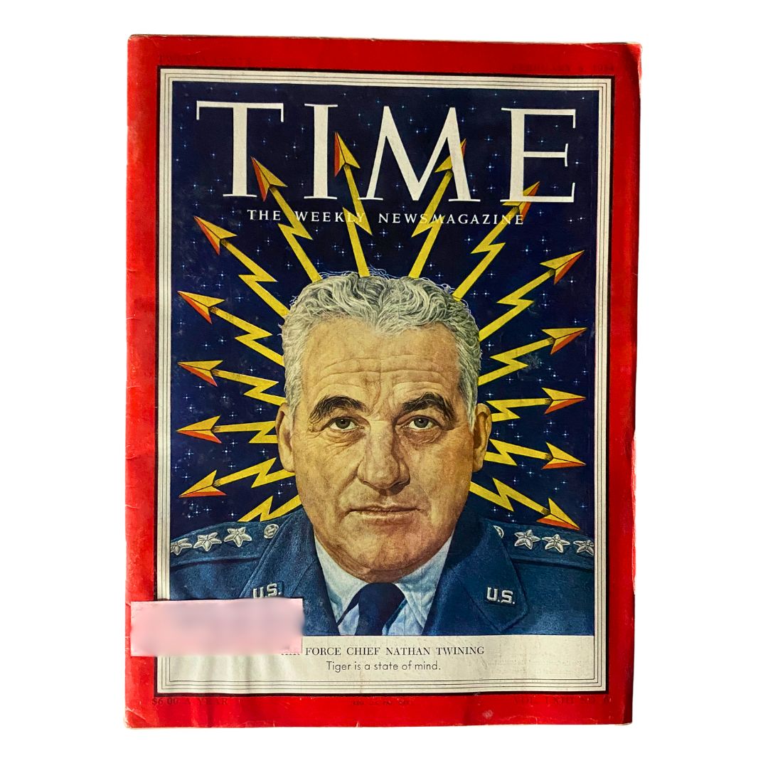 Cover of VTG Time Magazine from February 8, 1954, featuring General Nathan Twining in a military uniform, surrounded by arrows, embodying the themes of power and leadership.