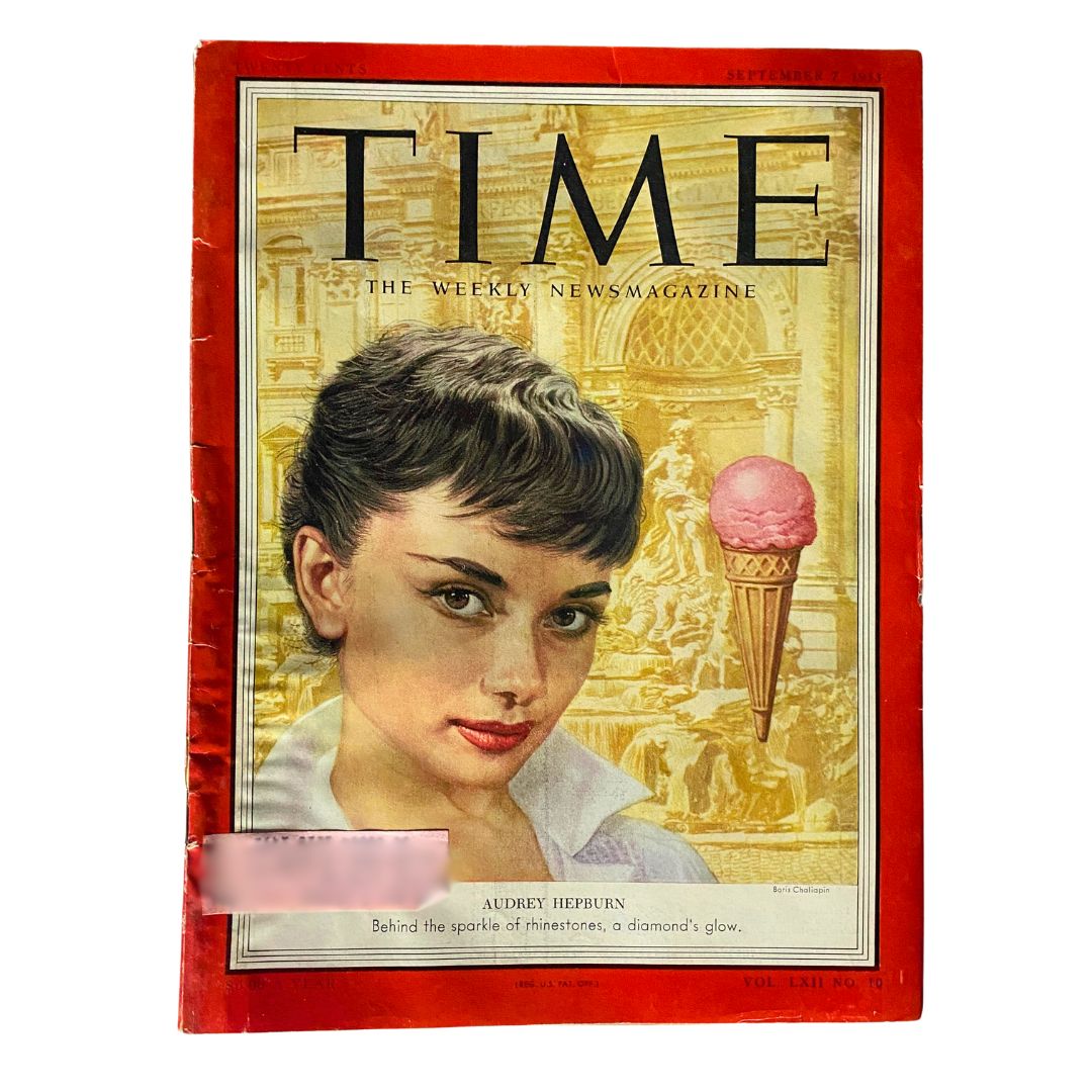 Vintage Time Magazine cover from September 7, 1953 featuring Audrey Hepburn, showcasing her beauty and charm, a must-have collectible for cinema and history enthusiasts.