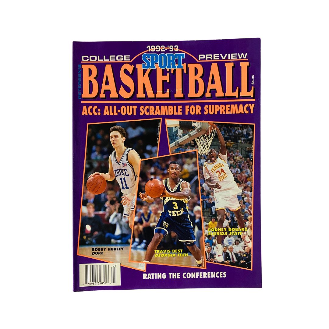 Cover of Sport Magazine 1992-1993 College Preview Basketball featuring Bobby Hurley of Duke, Travis Best of Georgia Tech, and Rodney Dobard of Florida State, showcasing an iconic moment in college basketball history.
