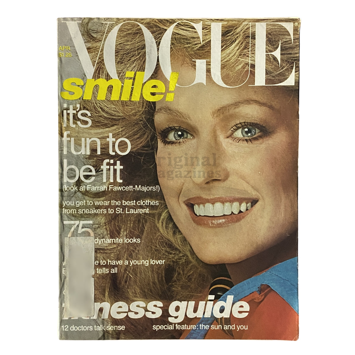 Vogue Magazine April 1977 featuring Farrah Fawcett on the cover, showcasing a vibrant design with the text 'smile! it's fun to be fit' and highlighting the era's fashion trends.