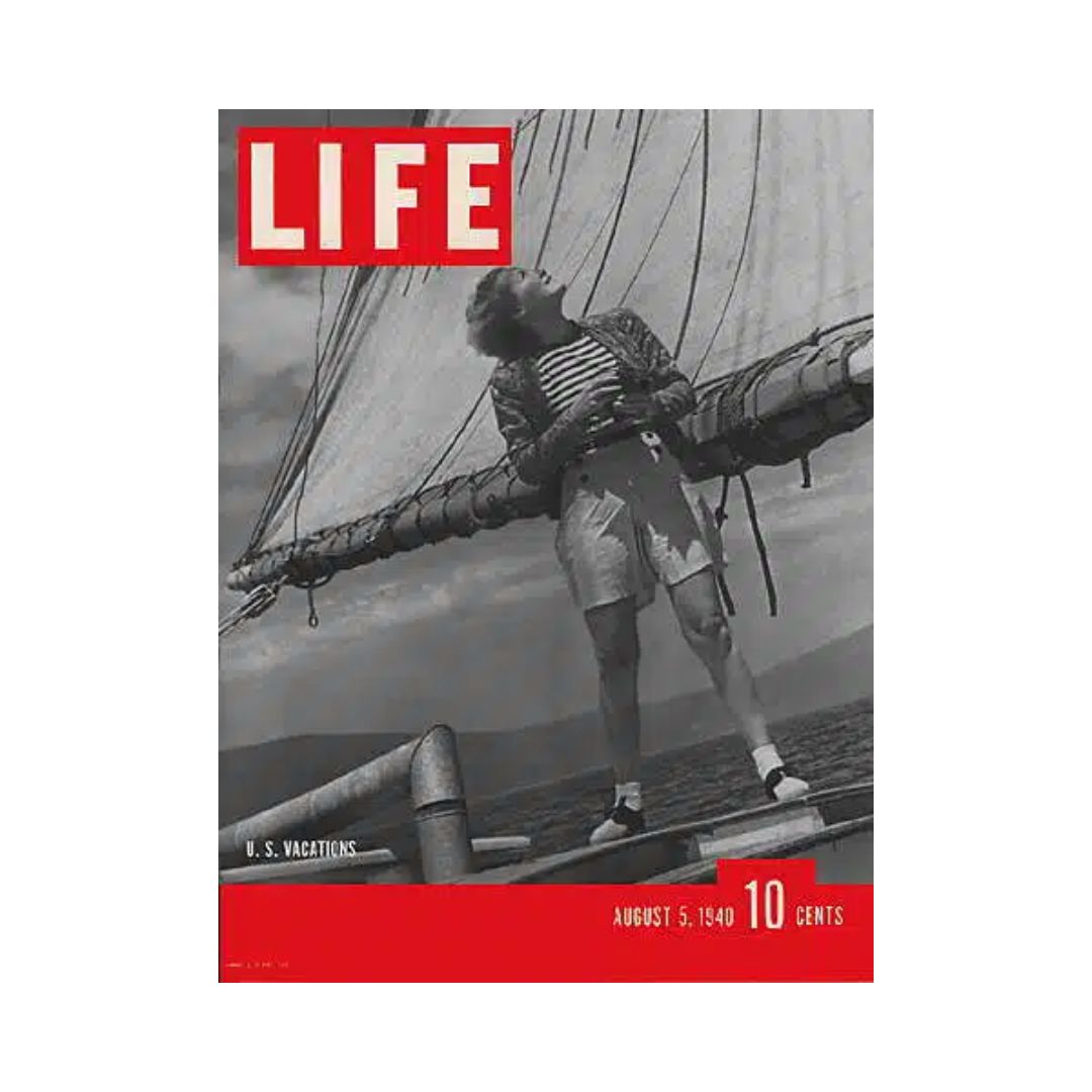 Cover of VTG Life Magazine August 5, 1940 featuring U.S. Vacations with a woman sailing in vintage attire against a serene backdrop.