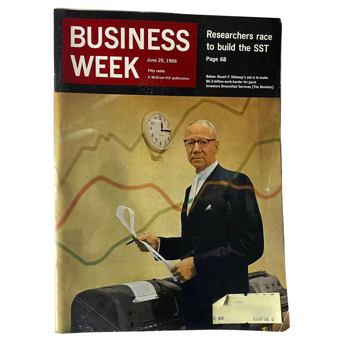 Business Week magazine cover dated June 25, 1966, featuring Stuart F. Silloway, with a background of market trends and a clock, illustrating the business insights of the era.