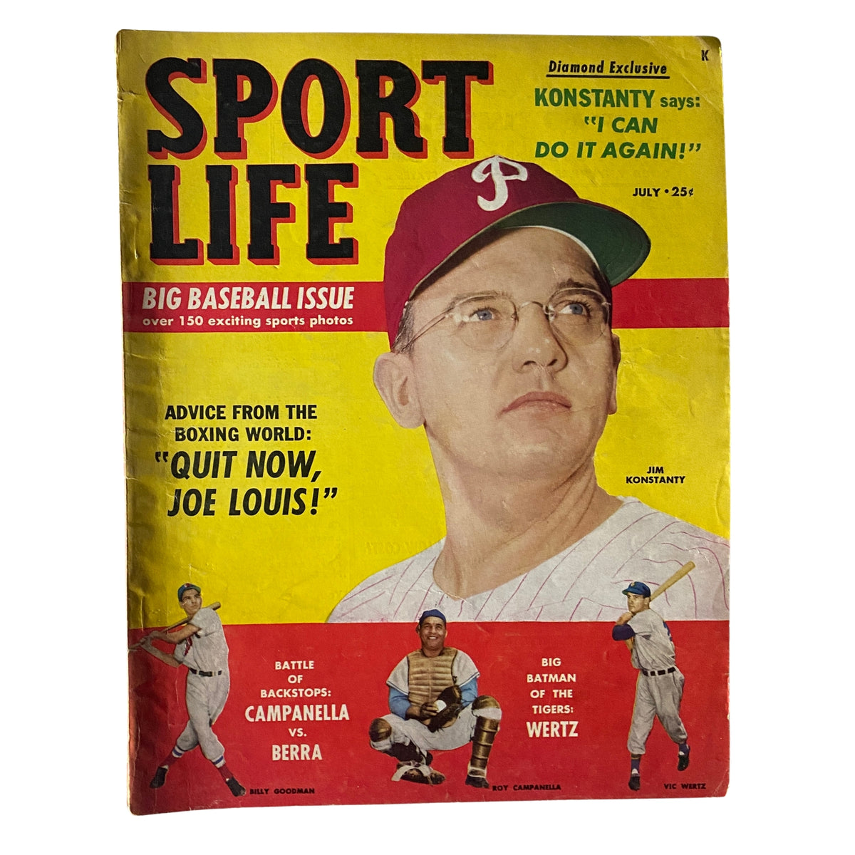 Cover of Sport Life Magazine, July 1951 featuring Jim Konstanty, famous for his baseball achievements, with highlights on the big baseball issue including quotes and notable figures like Billy Goodman and Roy Campanella.