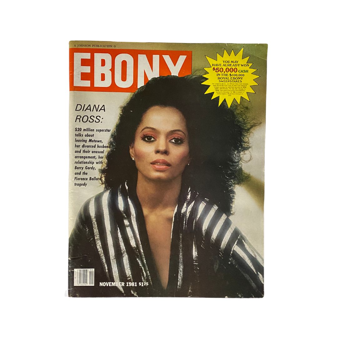 Cover of VTG Ebony Magazine November 1981 Vol 37 No. 1 featuring Diana Ross, showcasing her striking look with voluminous hair and stylish attire, highlighting the cultural significance of the era.