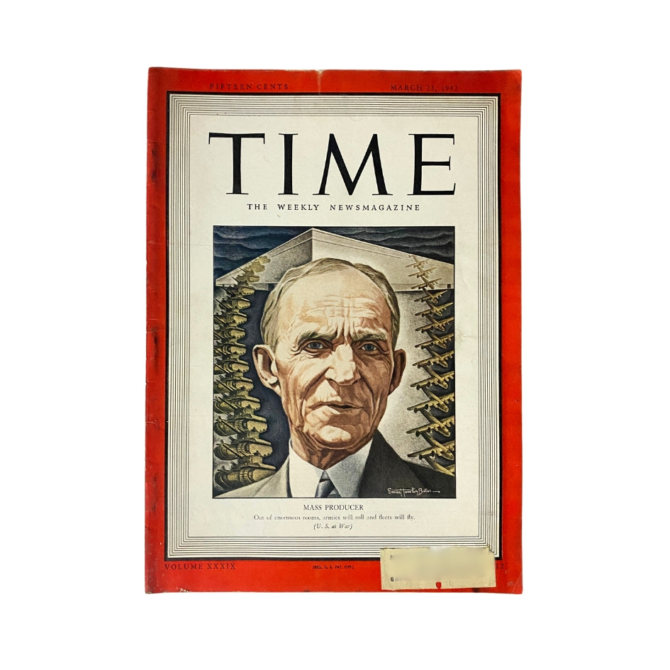 VTG Time Magazine March 23, 1942 featuring Henry Ford on the cover, highlighting his role as a mass producer during WWII.