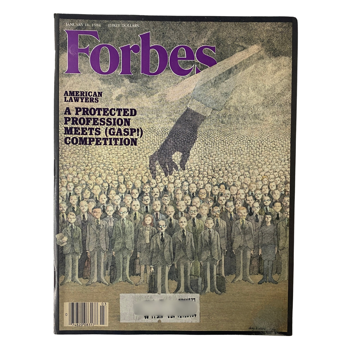 Forbes Magazine cover from January 16, 1984, featuring the title 'American Lawyers: A Protected Profession Meets (Gasp!) Competition'. The illustration depicts a large crowd of suited men and women with a giant hand looming above, symbolizing the challenges faced by the legal profession.