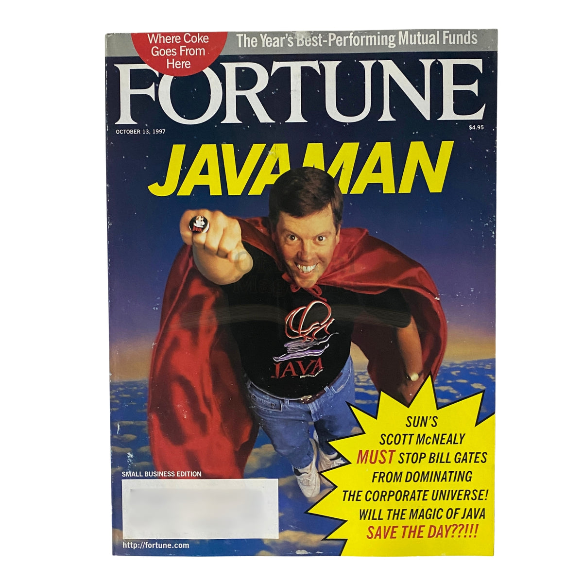 Fortune Magazine cover from October 13, 1997 featuring Scott McNealy as Javaman. The cover highlights McNealy in a cape and casual attire, emphasizing the importance of Java technology in a playful superhero theme.