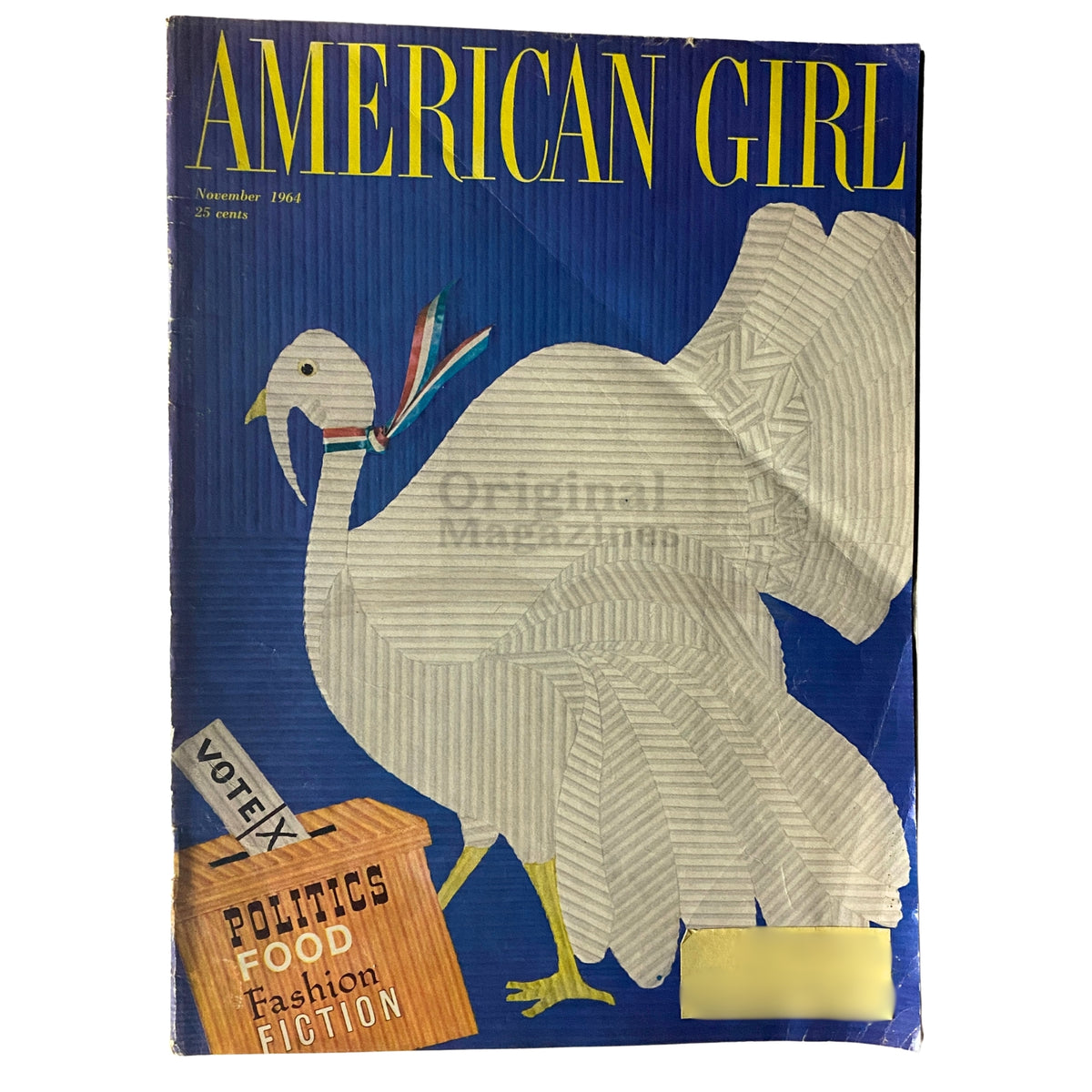 Cover of American Girl Magazine November 1964 featuring a stylized turkey illustration, with emphasis on topics such as politics, food, fashion, and fiction.