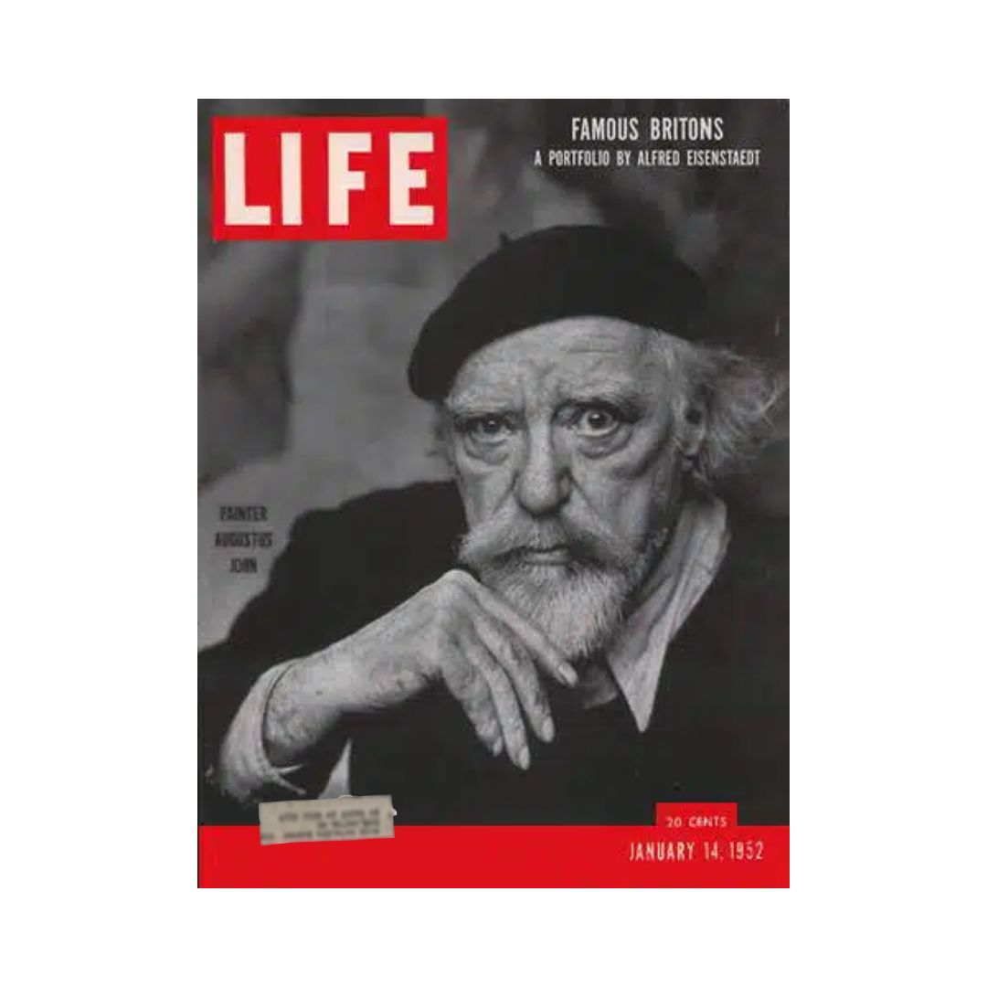 Cover of VTG Life Magazine from January 14, 1952, featuring painter Augustus John, highlighting the theme 'Famous Britons' in a portfolio by Alfred Eisenstaedt.