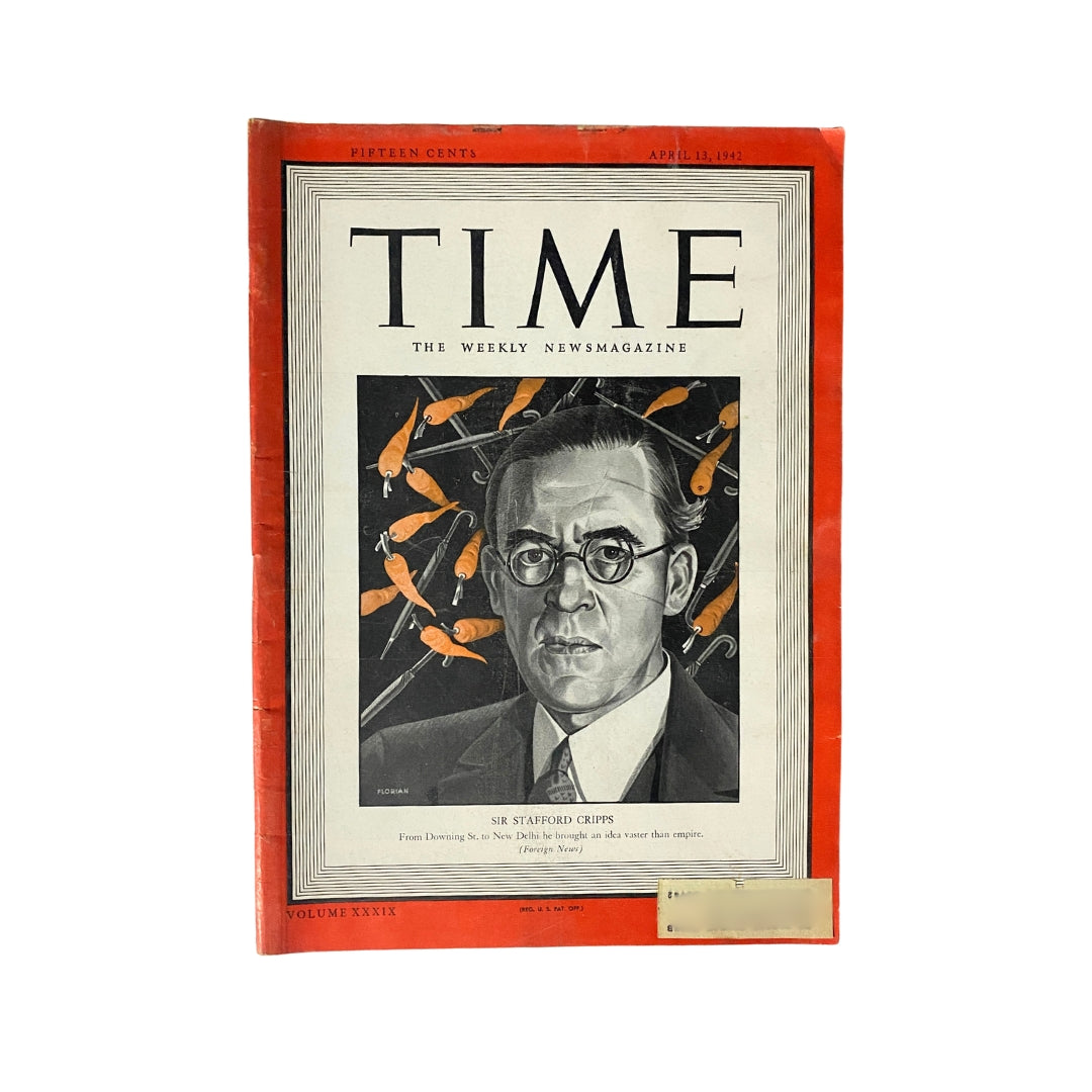 VTG Time Magazine April 13, 1942 featuring Sir Stafford Cripps on the cover, showcasing the historical political landscape during World War II.