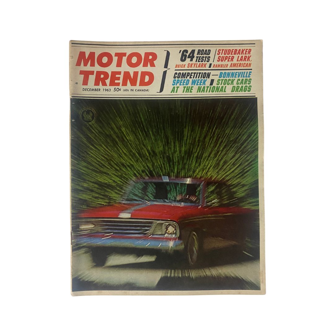Cover of VTG Motor Trend Magazine December 1963 featuring a dynamic image of a red car in motion, highlighting Bonneville Speed Week and showcasing automotive excitement.
