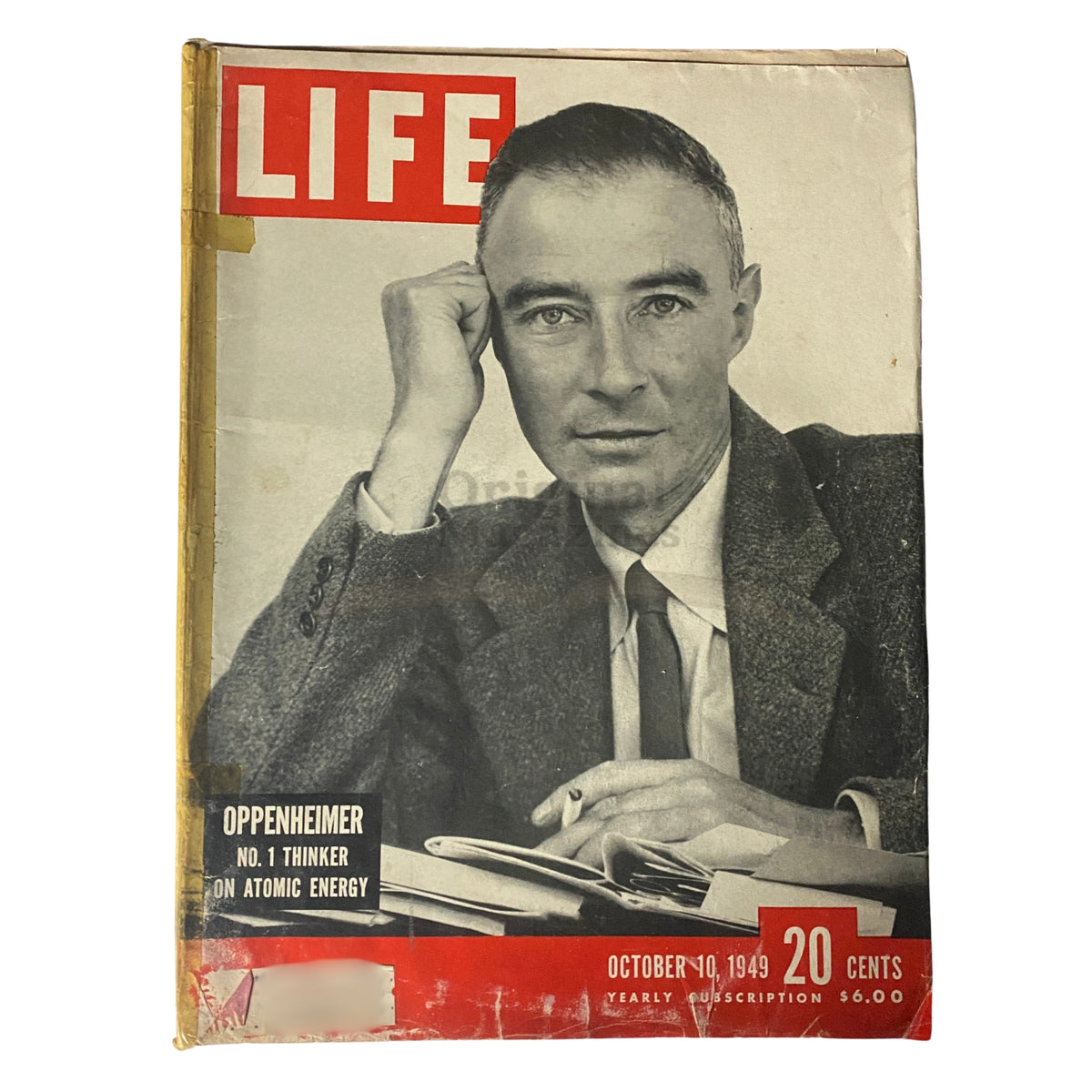 Cover of Life Magazine from October 10, 1949, featuring physicist J. Robert Oppenheimer, labeled as 'No. 1 Thinker on Atomic Energy.' The magazine captures the post-war era and Oppenheimer's contributions.