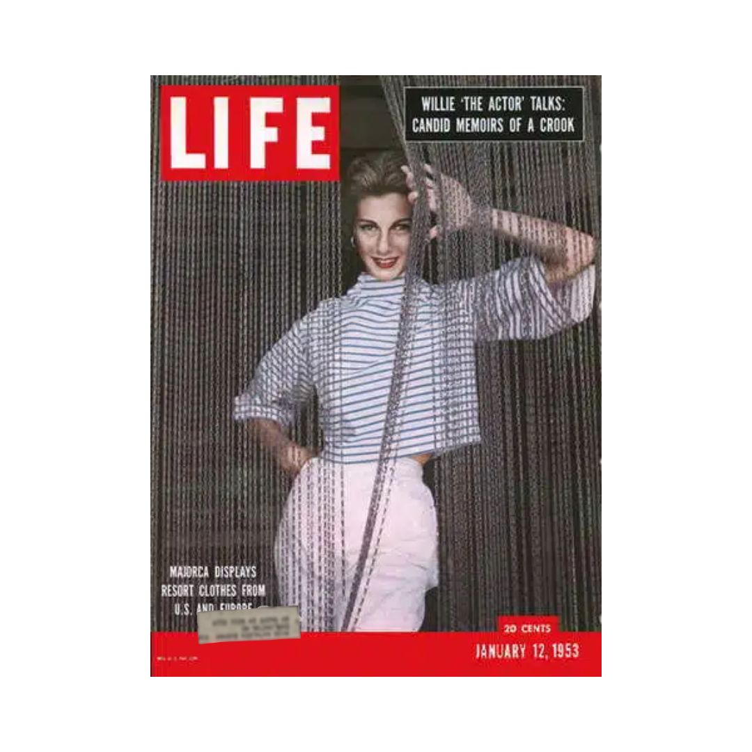 Cover of VTG Life Magazine January 12, 1953 featuring Majorca Resort Fashion, showcasing a model in stylish clothing behind decorative beads.