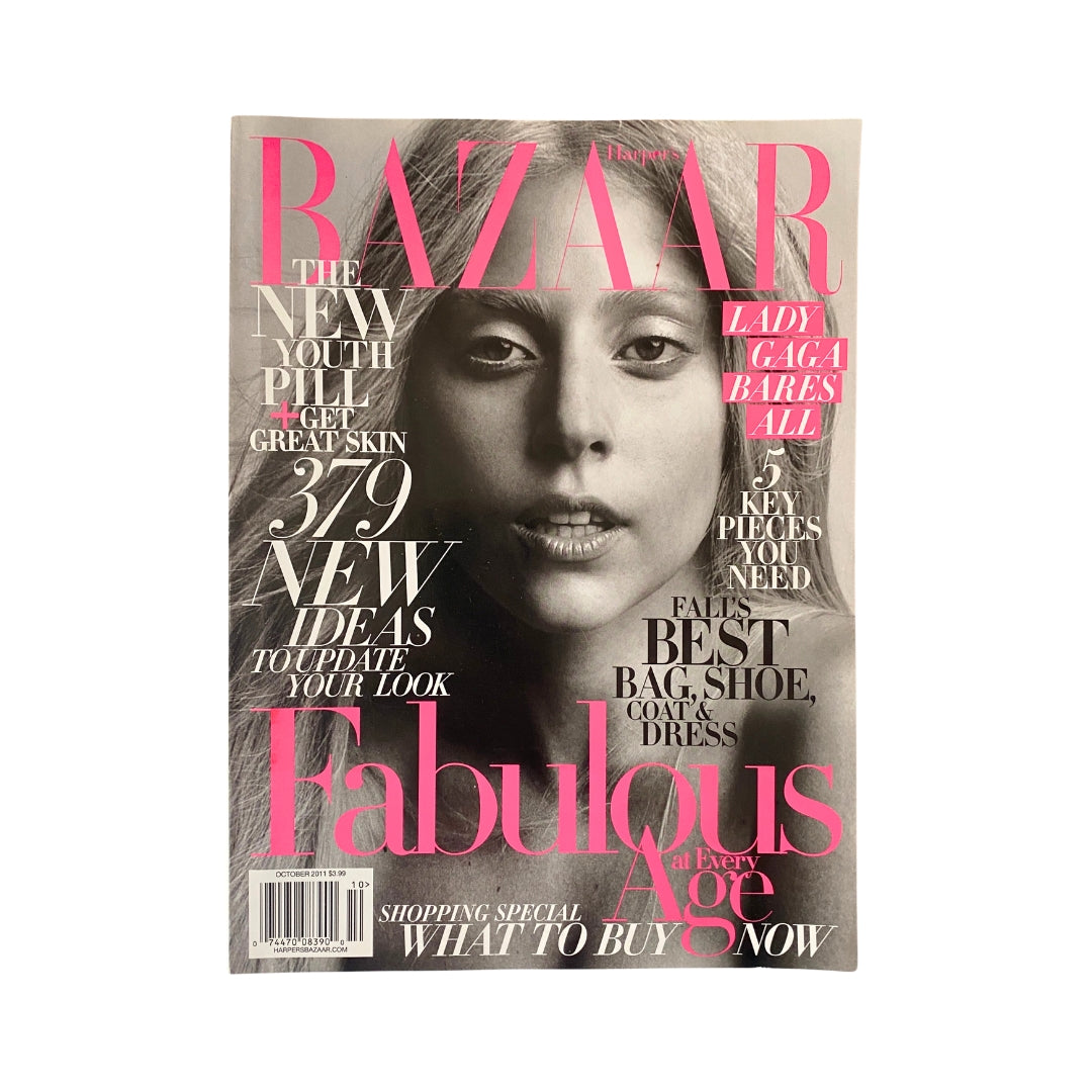 Harper's Bazaar Magazine October 2011 featuring Lady Gaga on the cover, showcasing fashion and pop culture themes.