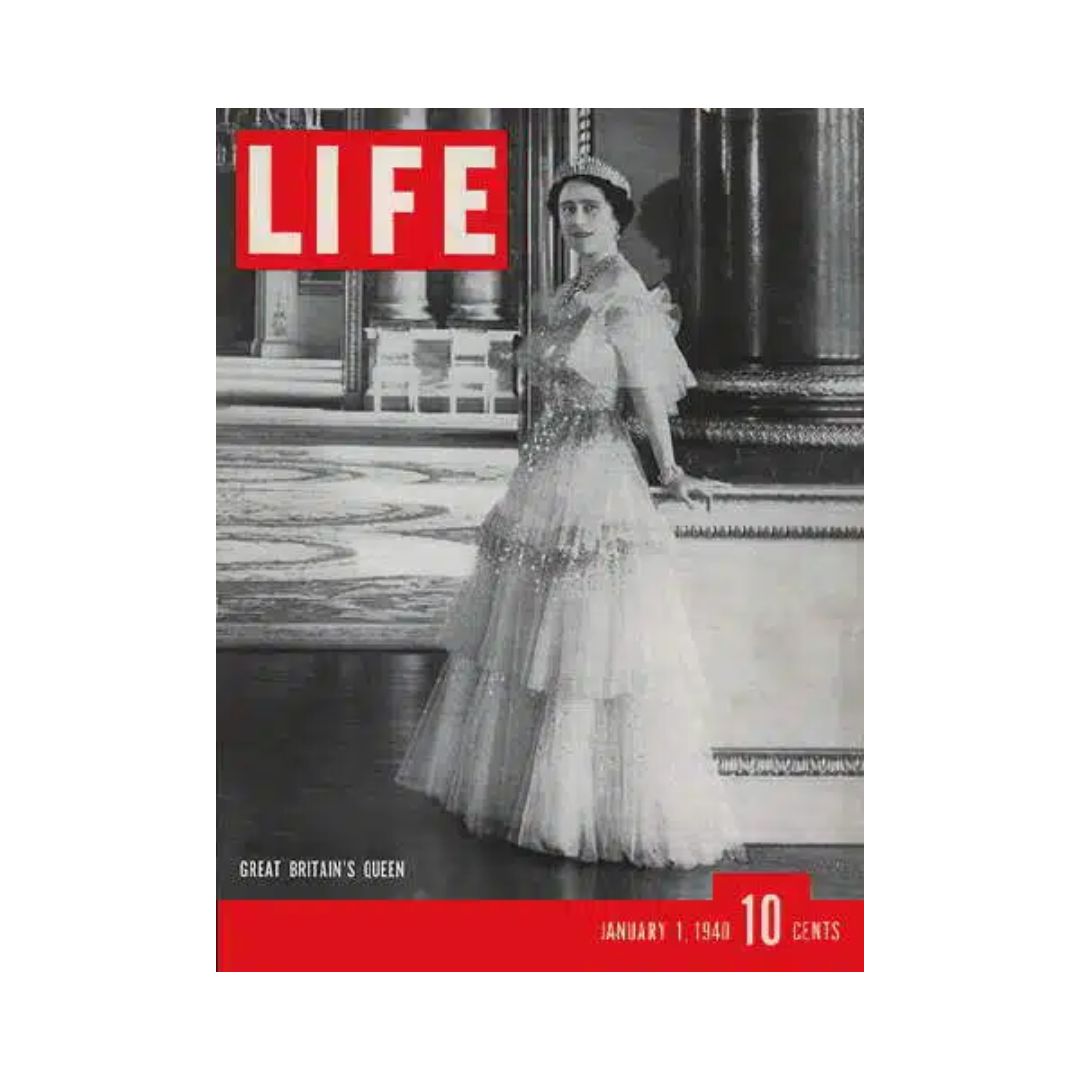 VTG Life Magazine January 1, 1940, featuring a vintage black and white cover photo of Queen Elizabeth in an elegant gown, showcasing historical significance and classic design.