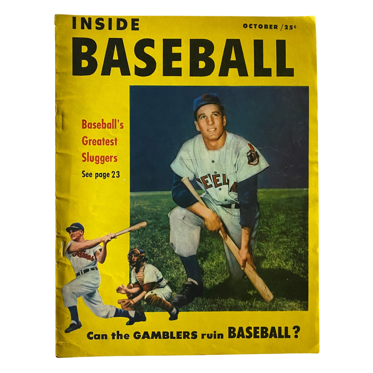 Inside Baseball Magazine October 1953 featuring Al Rosen and Mickey Mantle, showcasing 'Baseball's Greatest Sluggers' on the cover with vibrant yellow background and captivating imagery of baseball players.