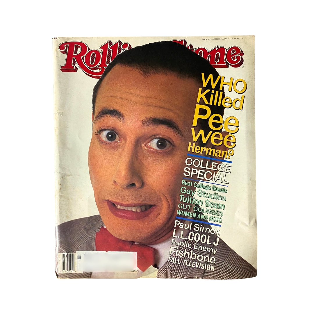 Rolling Stone Magazine October 3, 1991 Issue 614 featuring Pee Wee Herman on the cover with the headline 'Who Killed Pee Wee Herman?' This vintage magazine is a collectible piece of pop culture history.