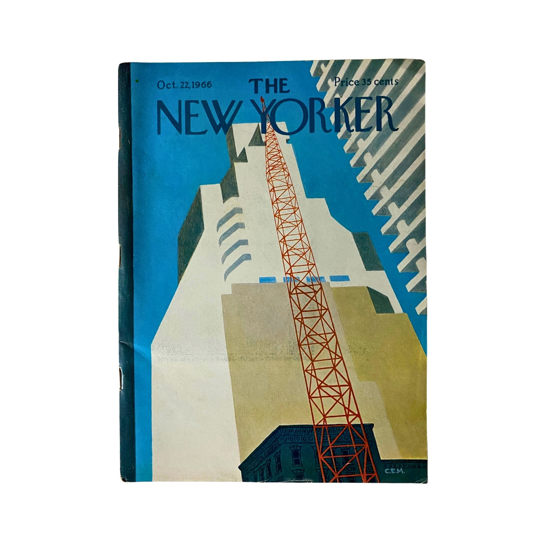 Cover of The New Yorker complete magazine dated October 22, 1966 featuring Charles E. Martin's art with a striking blue background and a red crane in an urban setting.