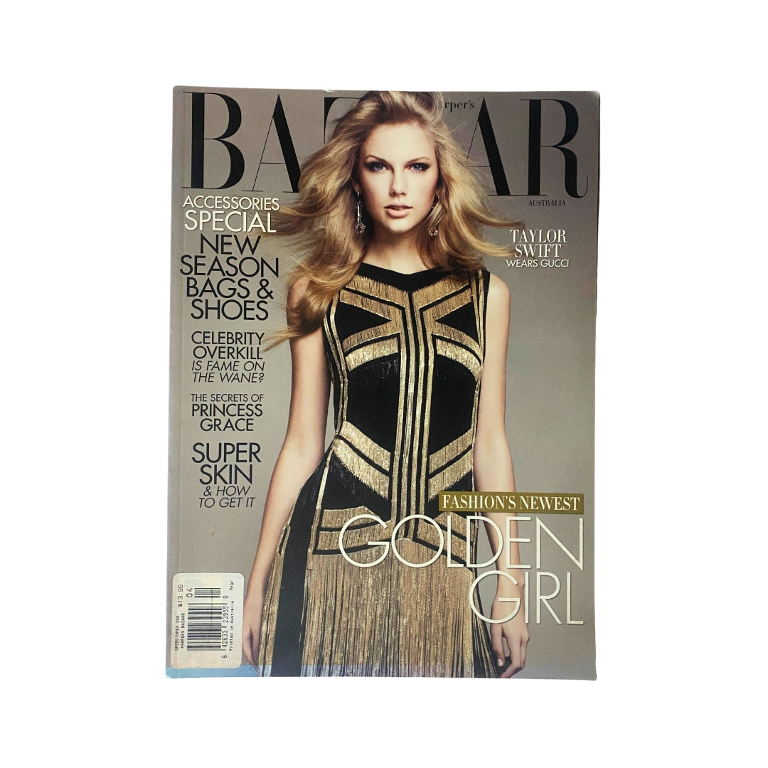 Cover of Harper's Bazaar Australia Magazine April 2012 featuring Taylor Swift, showcasing her in a glamorous dress with the title 'Fashion's Newest Golden Girl' highlighting trends from the early 2010s.